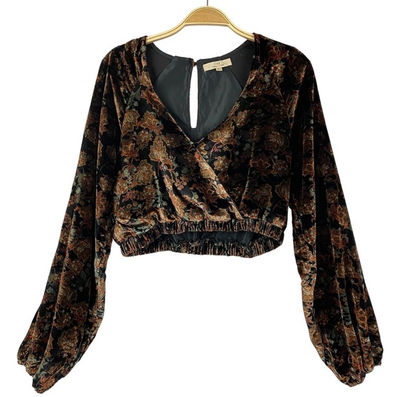 Chelsea & Violet Dark Floral Boho Velvet Blouse Crop Top Women M Brown Romantic - Picture 2 of 9